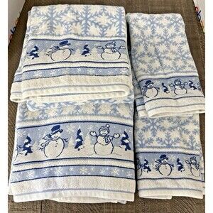 Vintage Blue/White/Silver Snowman Cotton Towel Set 4 Pieces Snow Winter GUC